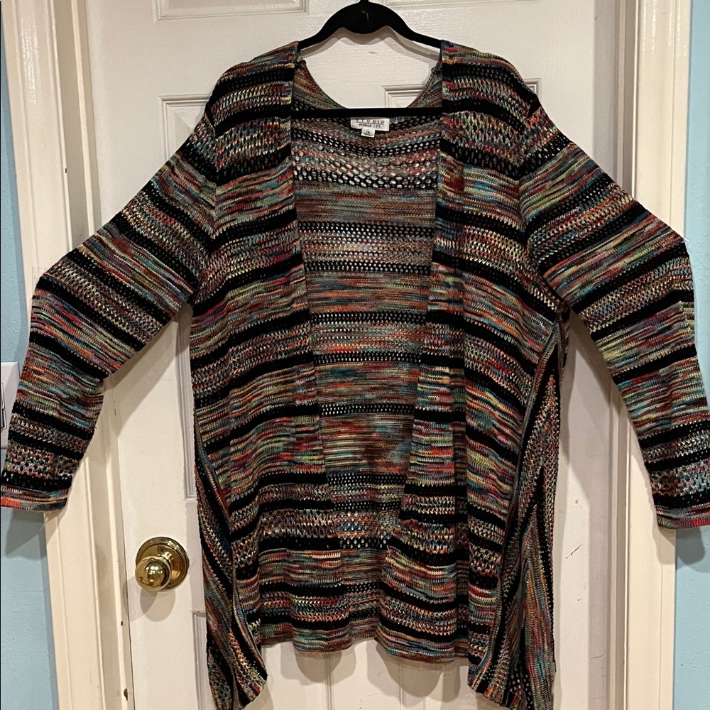 Black and Multicolored Open Front Long Cardigan size XL-1X